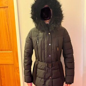 Michael Kors Black Belted Puffer Coat with Fur Hood